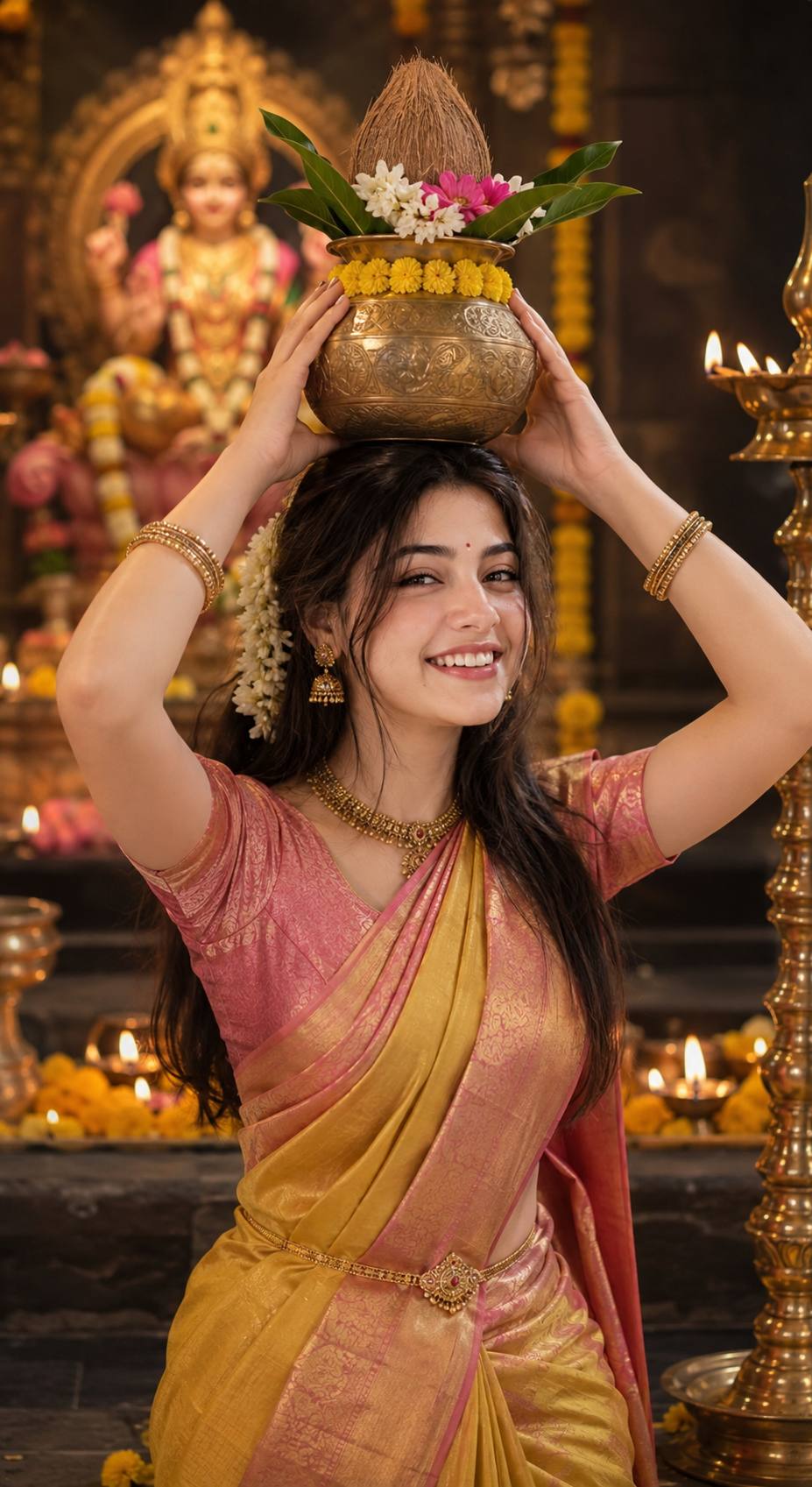Goddess Lakshmi Temple Portrait in Pink Yellow Silk Saree AI Image Prompt