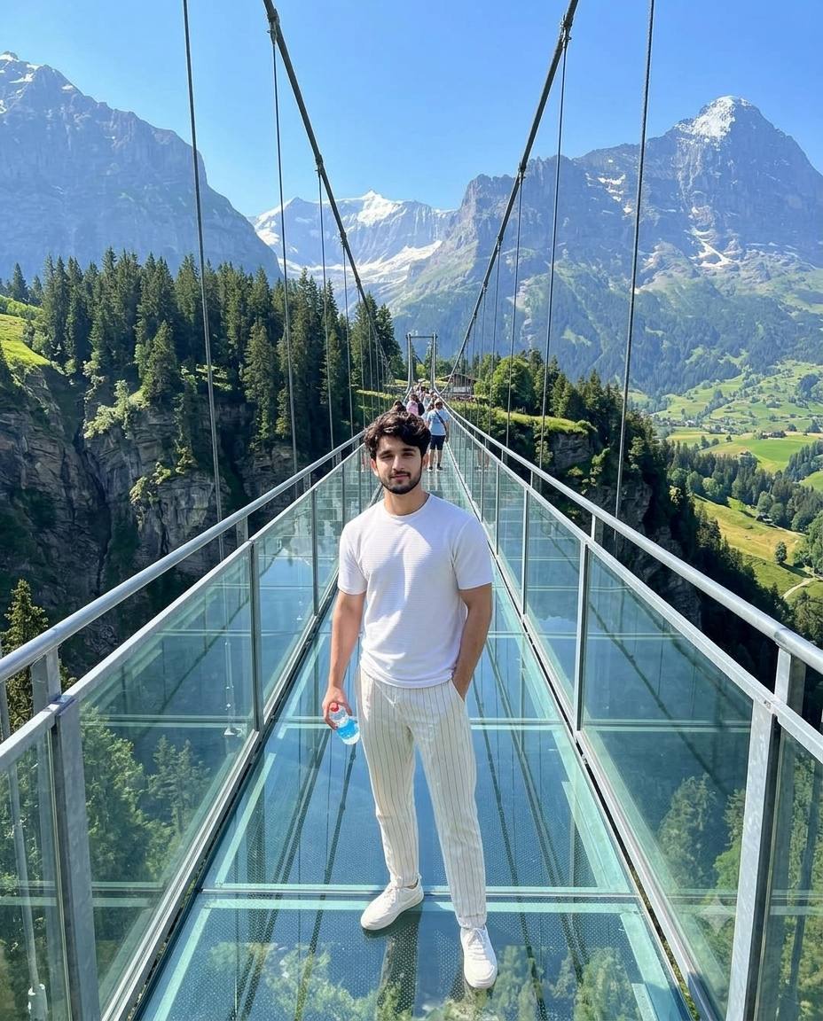 Spectacular Glass Bridge Portrait in a Lush Mountain Valley | Ultra-Realistic Cinematic AI Image Prompt