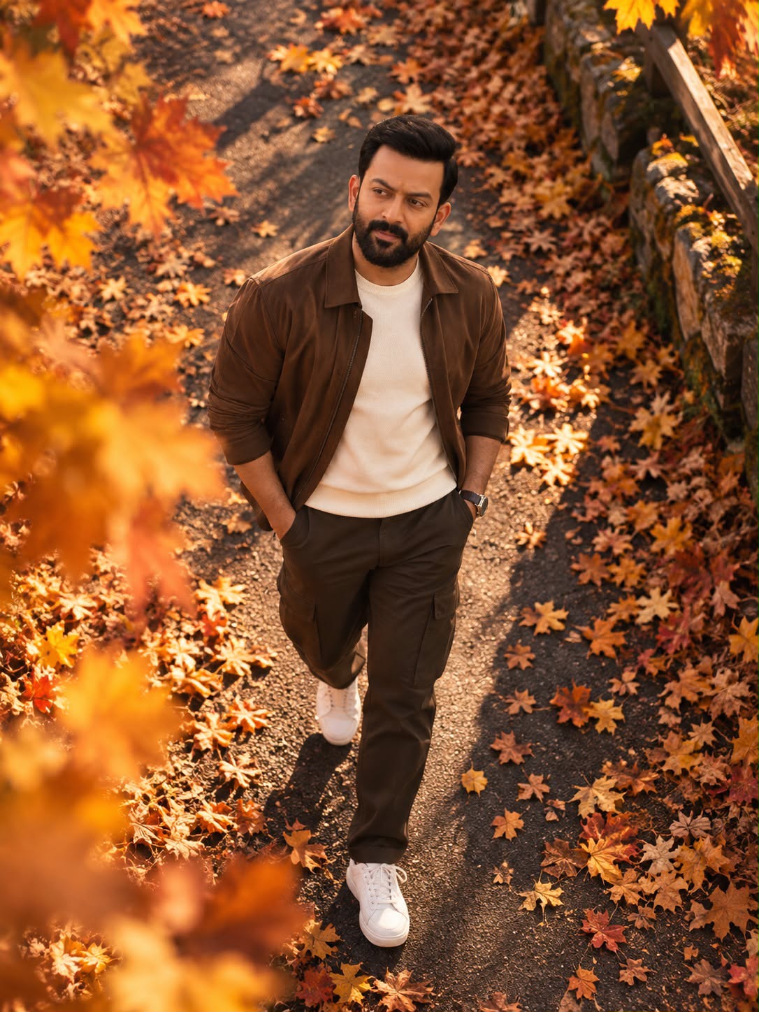 Stylish Boy Autumn Drone Portrait Photorealistic AI Prompt Cinematic 4:5