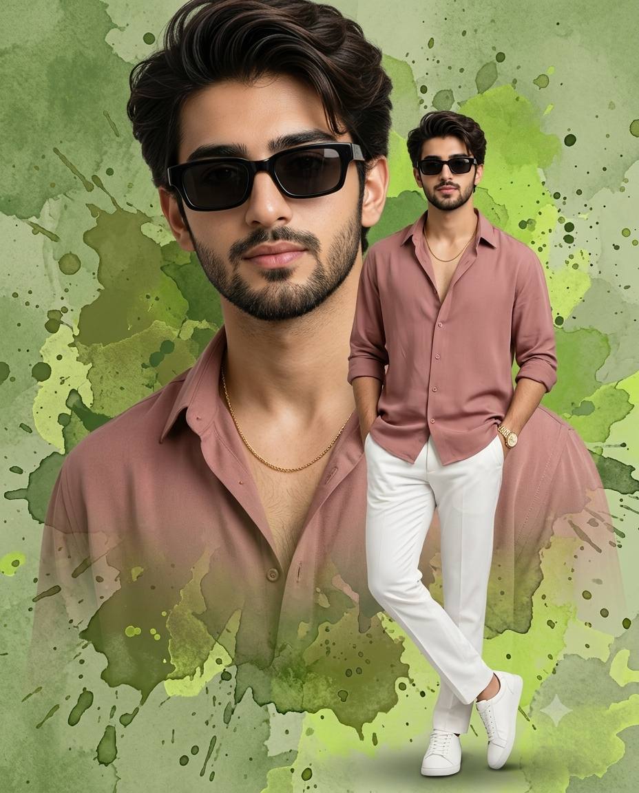 Stylish Double Portrait Man in Pink Shirt with Green Paint Splash Background | Ultra-Realistic AI Image Prompt