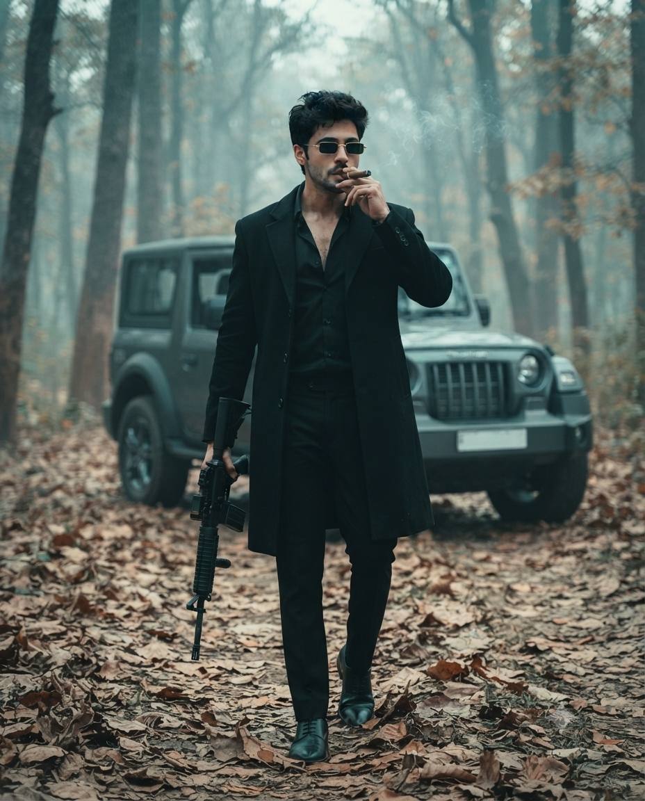 Cinematic Indian Gangster in Misty Forest with Luxury SUV | AI Image Prompt