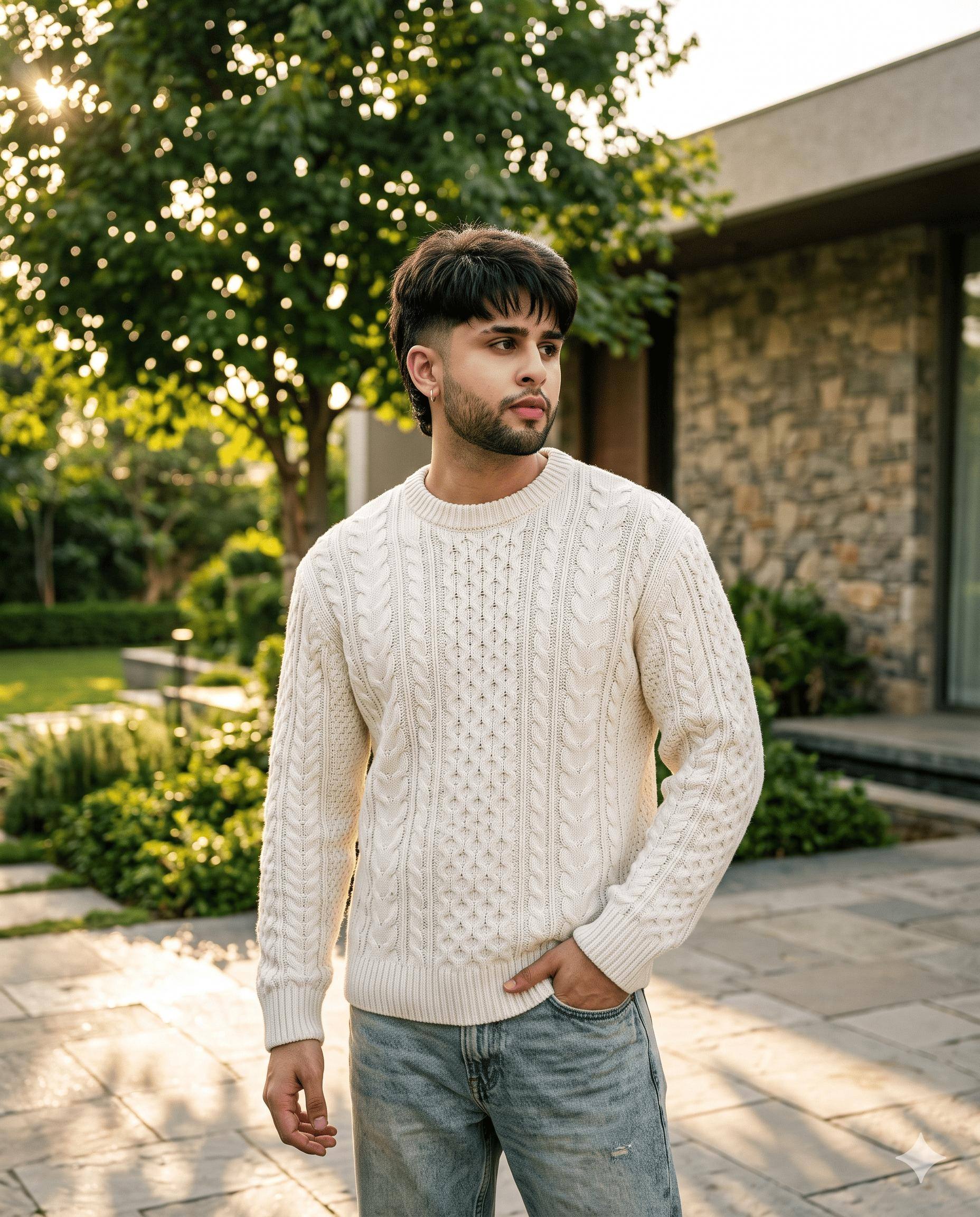 Indian Men’s Fashion AI Image Prompt Gemini | Cream Sweater, Blue Jeans & Old Money Style