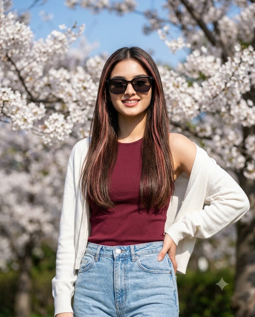 Stylish Indian Woman in Maroon Top and White Cardigan Among Cherry Blossoms AI Image Prompt