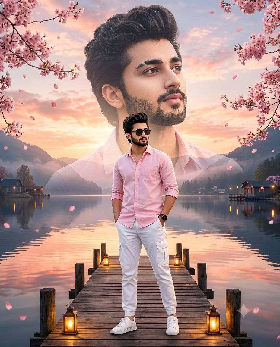 Stylish Man Golden Hour Lake Double Exposure Portrait | Ultra-Realistic 8K Cinematic AI Image Prompt