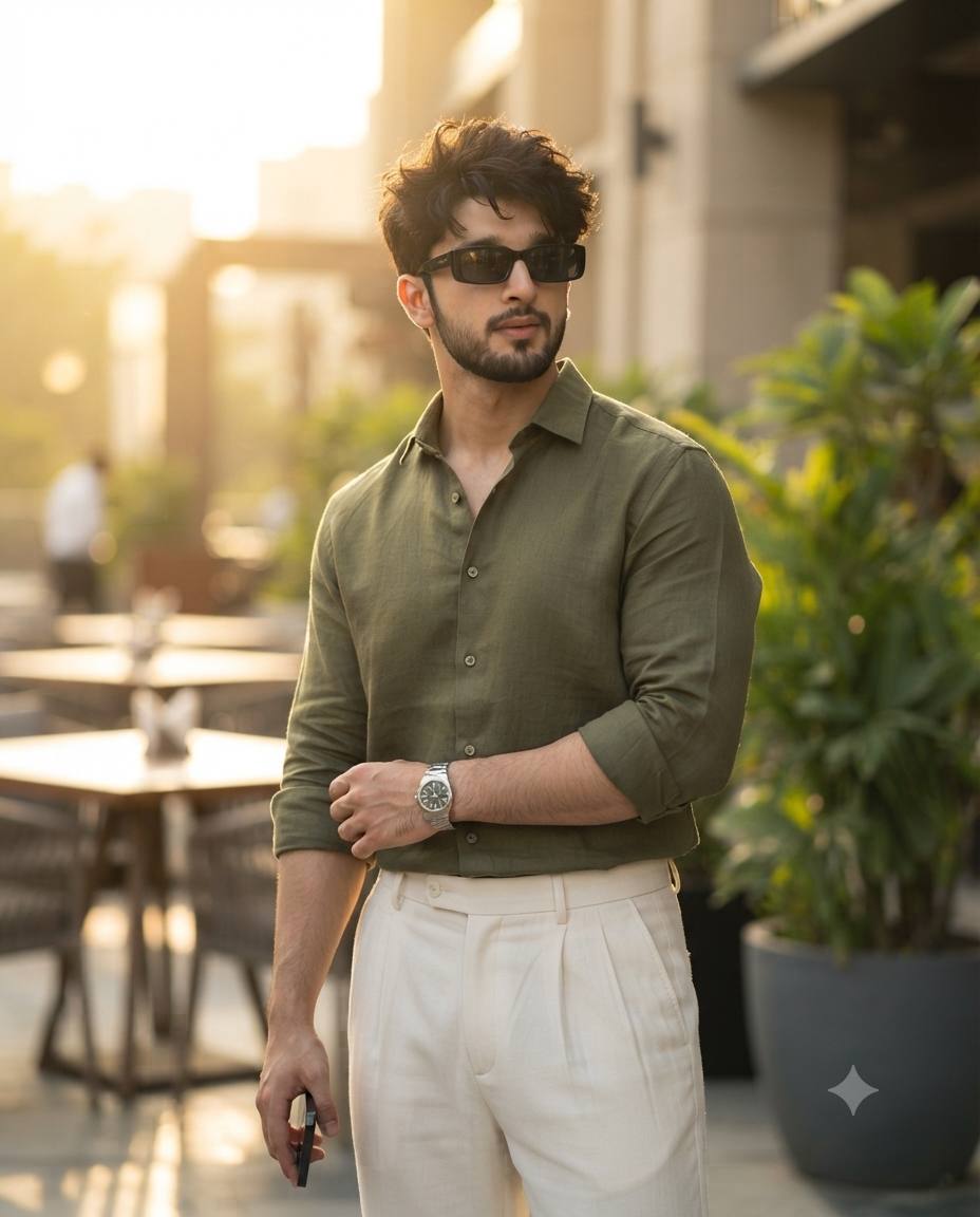 Stylish South Asian Man at Luxury Café | iPhone 15 Pro Golden Hour Portrait AI Prompt