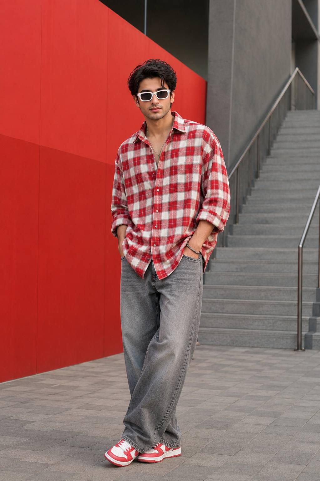Stylish South Asian Man in Red Checkered Shirt & Sunglasses | Urban Fashion AI Portrait
