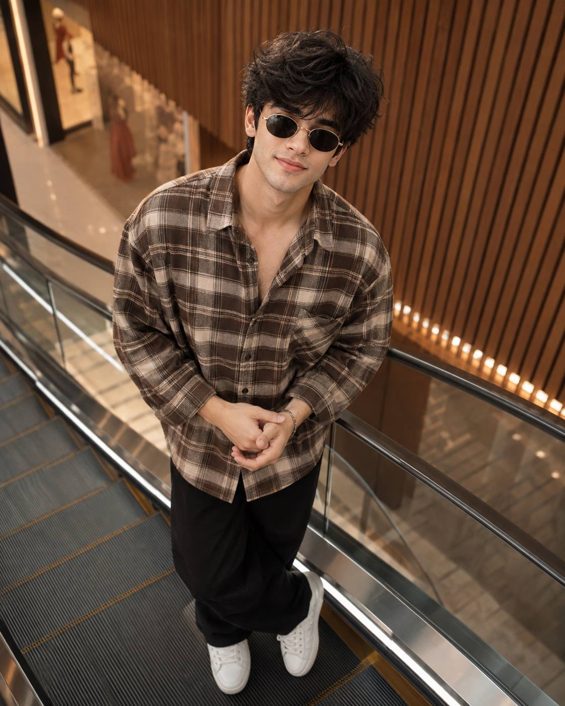 Stylish South Man on Modern Escalator in Plaid Flannel Ai Prompt| Cinematic 8K Fashion Portrait
