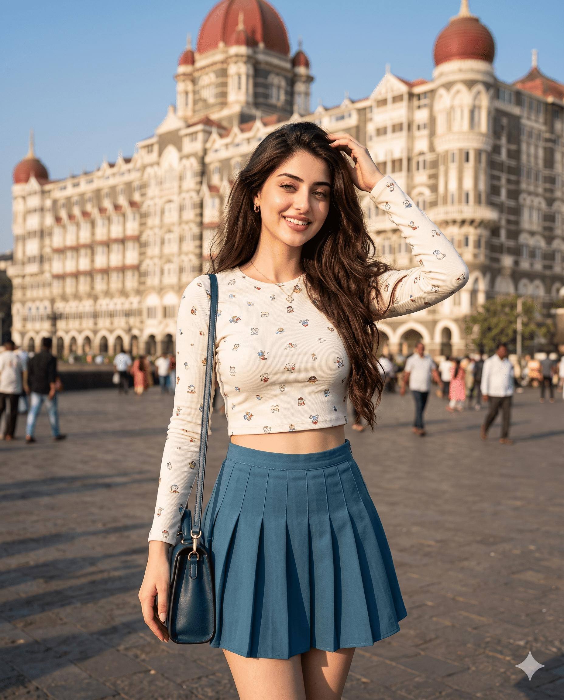 Mumbai Travel Portrait AI Image Prompt Gemini | Taj Mahal Palace Hotel, Teal Skirt & Luxury Fashion Photography