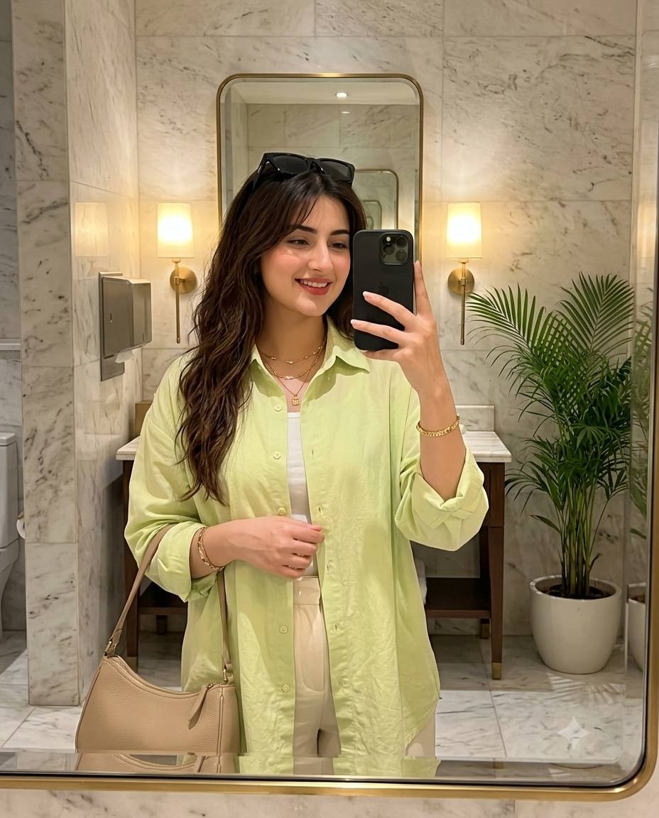 Stylish Woman Mirror Selfie in Marble Bathroom - Lime Green Oversized Shirt & Cream Trousers | AI image prompt