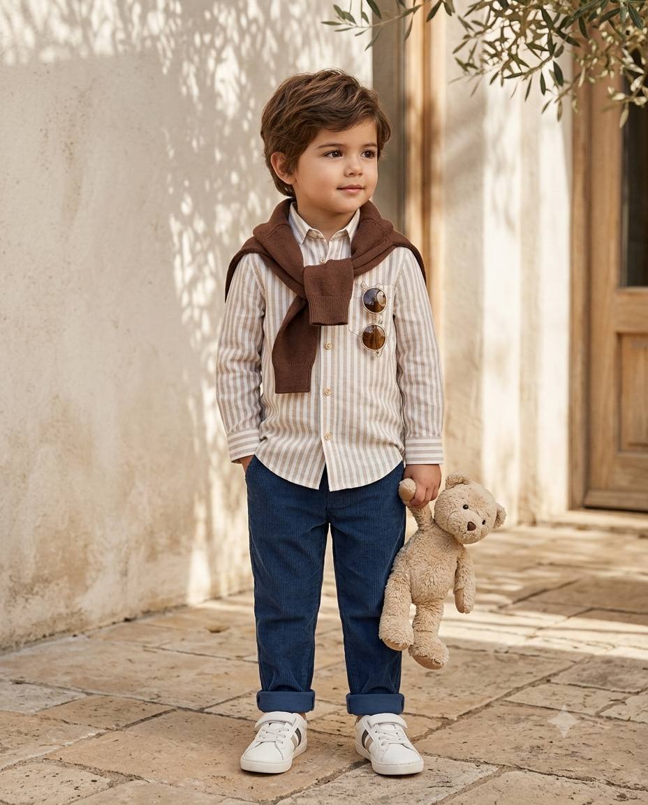 Young boy fashion portrait AI prompt | Linen shirt, blue trousers & teddy bear