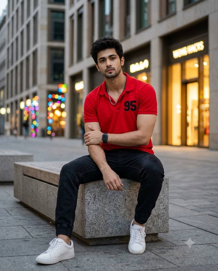 Stylish Young Indian Man Urban Street Portrait in Red Polo | Ultra-Realistic 4K AI Image Prompt