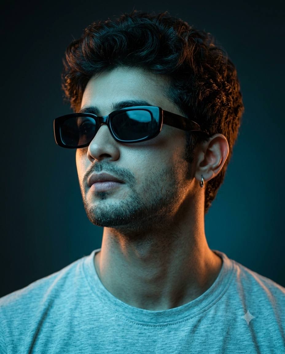 Stylish Young Man Cinematic Studio Portrait with Blue and Orange Lighting | Ultra-Realistic AI Image Prompt