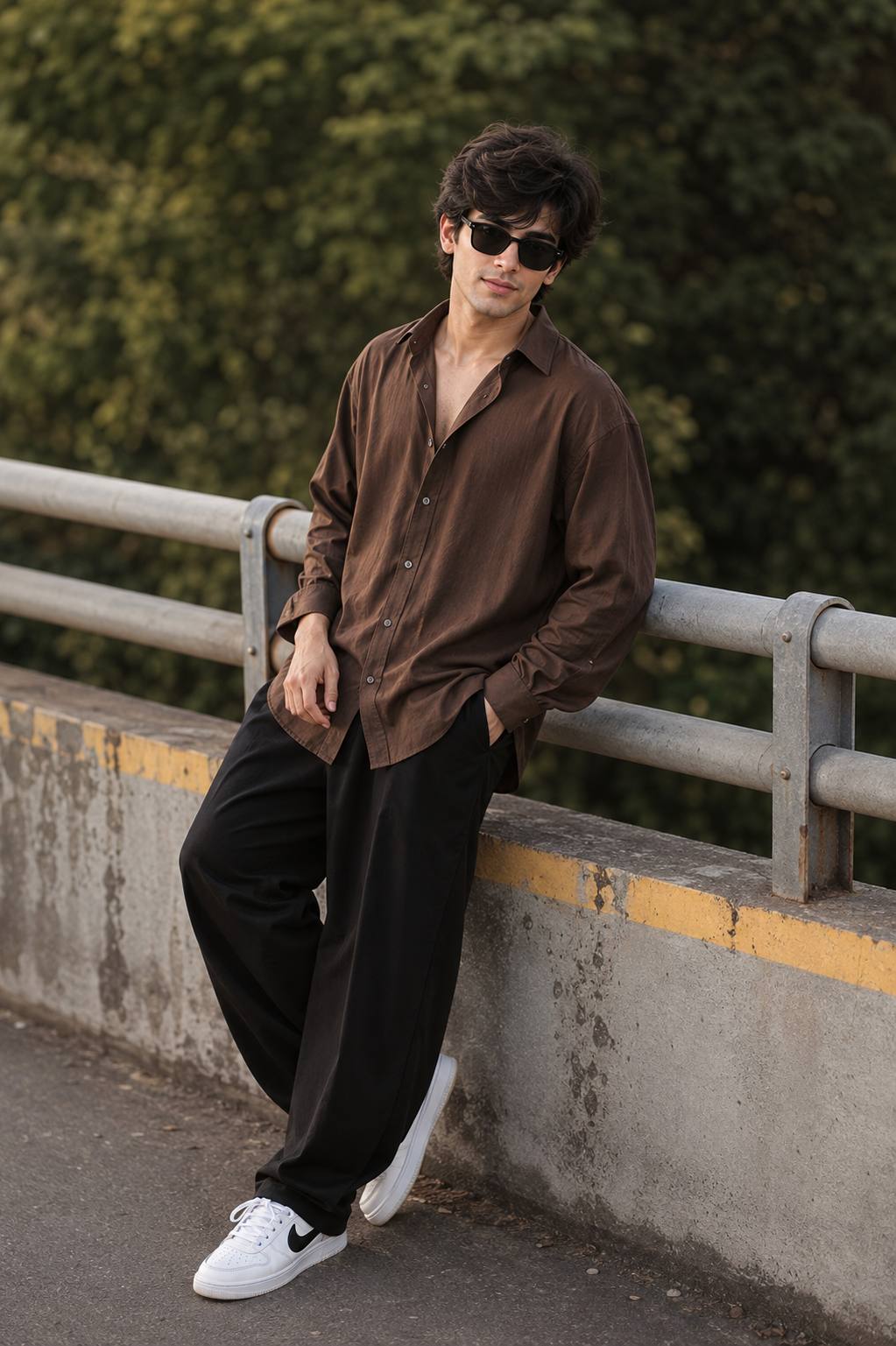 Stylish Young Man in Brown Shirt & Baggy Pants Beside Road Railing | Cinematic AI Prompt