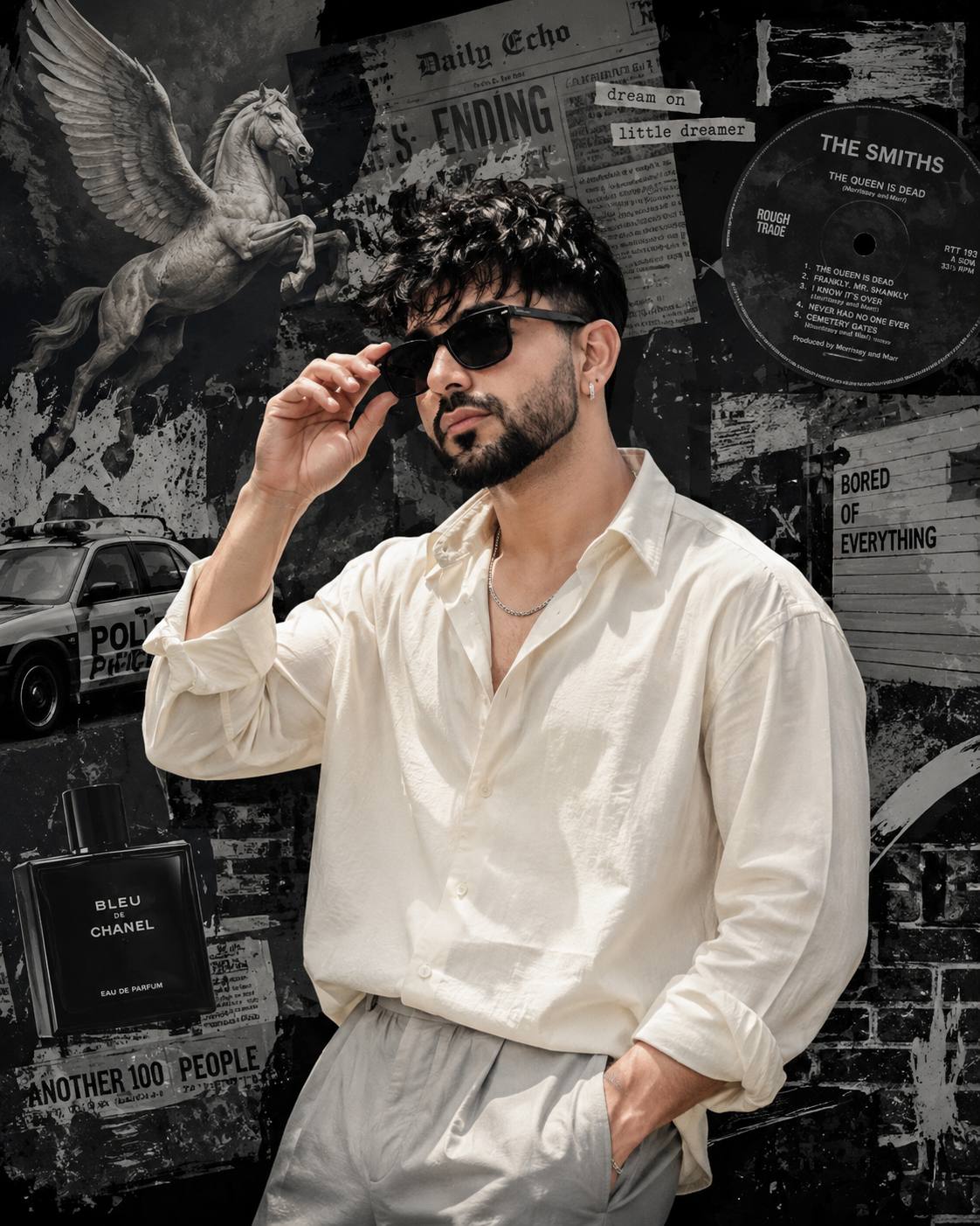 Stylish Young Man in Cream Shirt with Artistic Collage Background – Ultra-Realistic AI Portrait