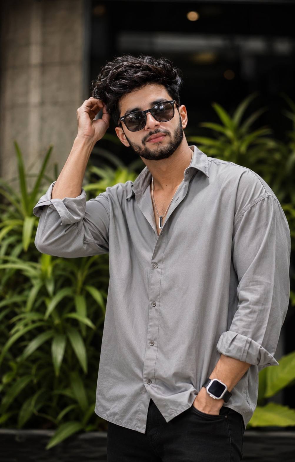Stylish Young Man in Oversized Gray Shirt with Sunglasses – Ultra-Realistic 16K Portrait