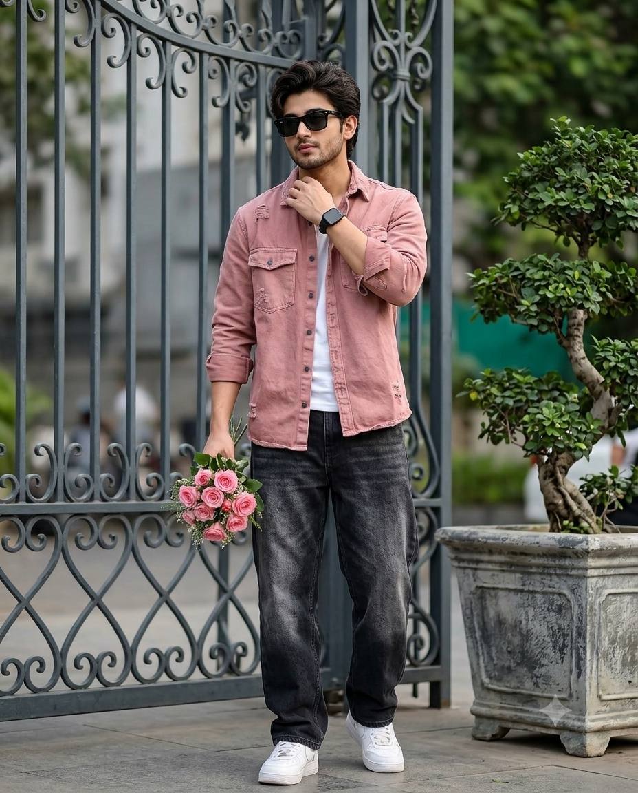 Stylish Young Man with Pink Rose Bouquet | Ultra-Realistic Streetwear Fashion Portrait AI Prompt