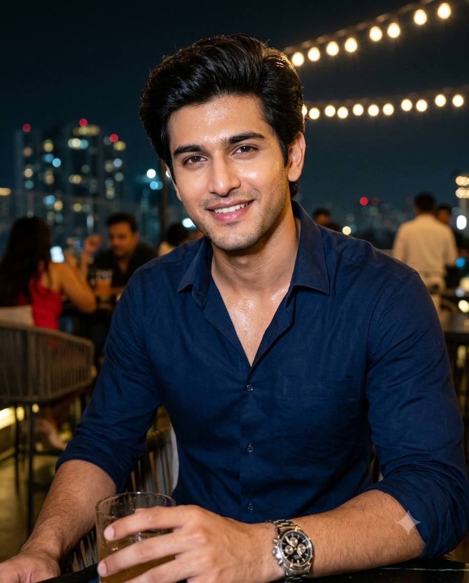 Stylish Young South Asian Man at Rooftop Café at Night | Ultra-Realistic 8K AI Image Prompt