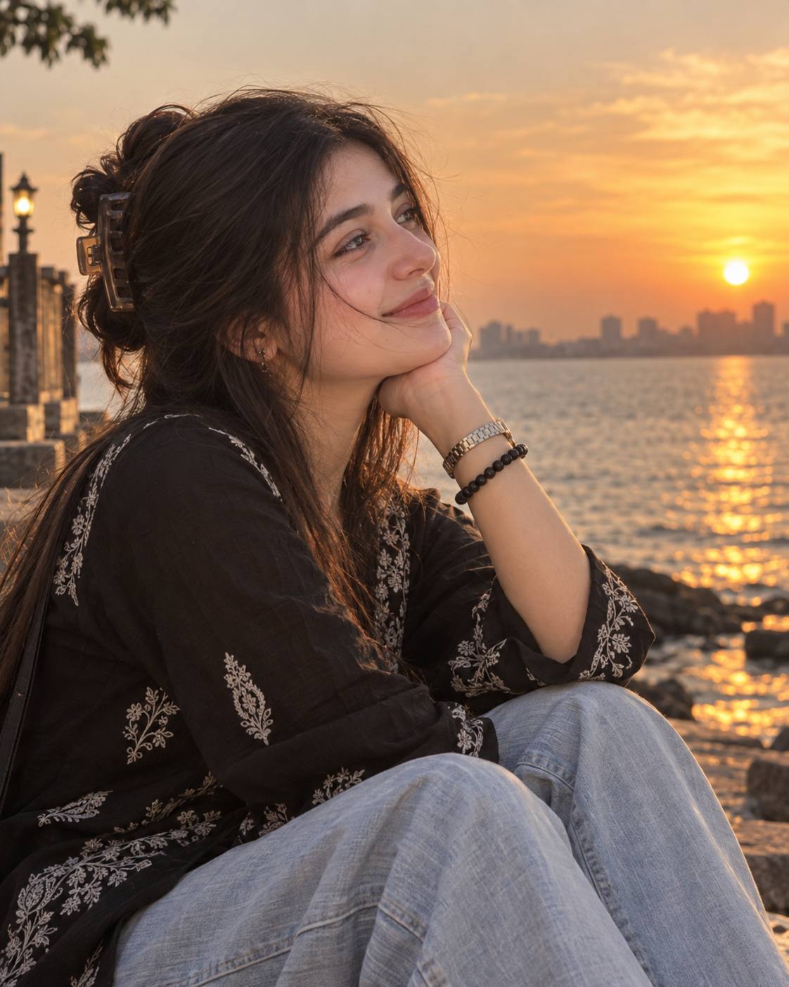 Sunset Waterside Portrait Prompt – Serene Woman by the Water | AI image prompt