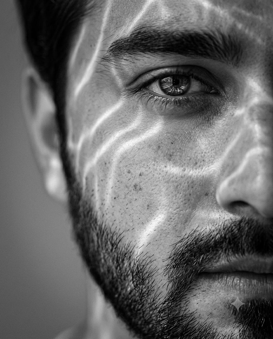 Black and White Macro Portrait Surreal Style AI Image Prompt | Luminous Wave Light