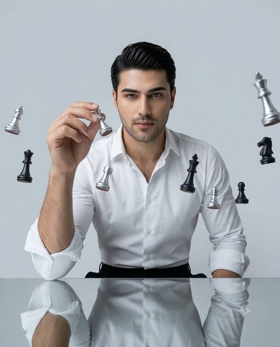 Surreal chess fashion portrait AI prompt | Floating pieces and mirror table