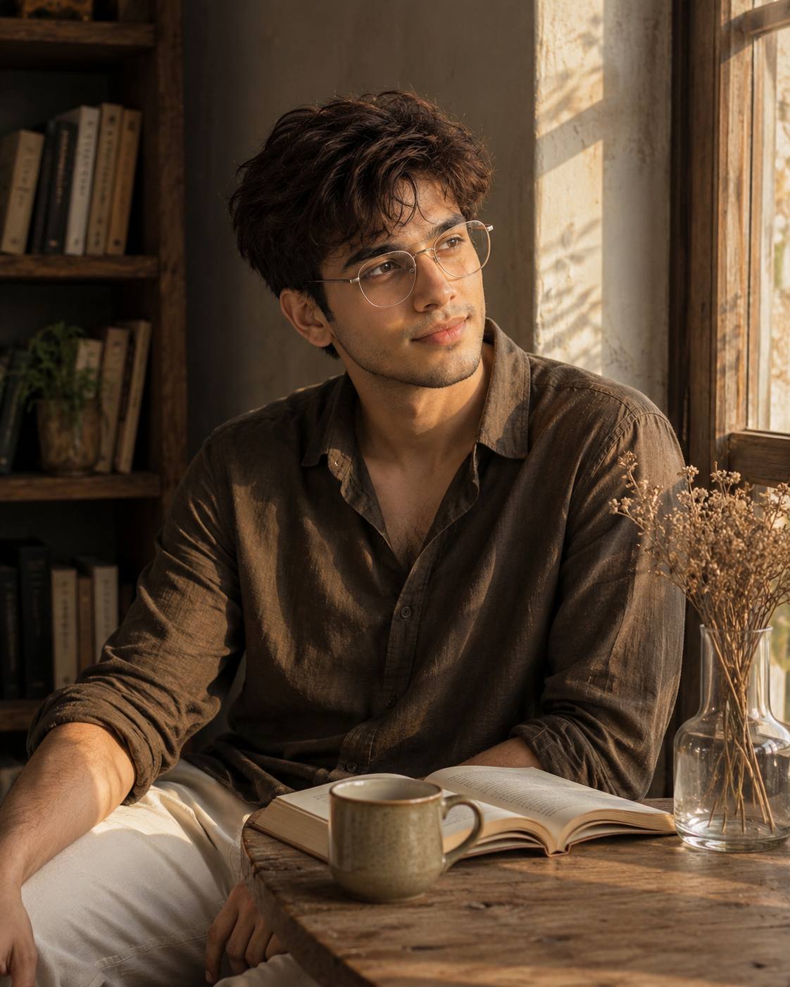 Thoughtful Young Man Reading by Sunlit Window in Cozy Rustic Room – Cinematic AI Image Prompt