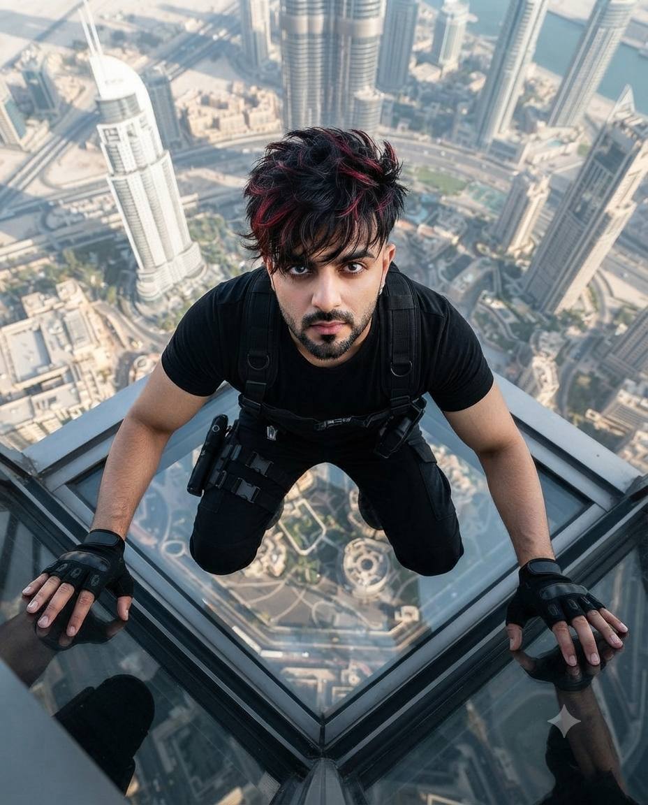 Top-Down Dubai Skyscraper Portrait of a Young Indian Man – Ultra-Realistic Cinematic AI Image