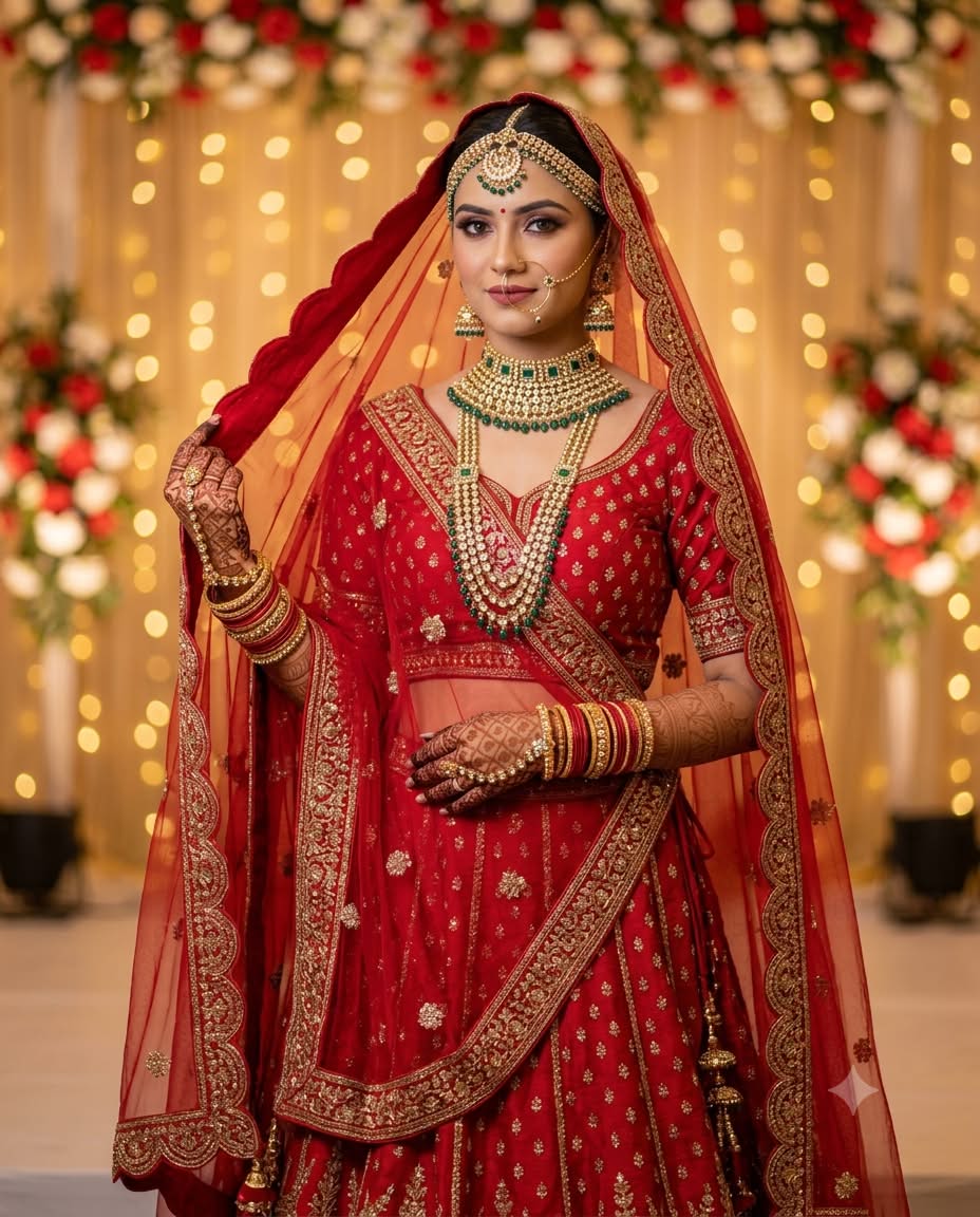 Traditional Indian Bride in Red Lehenga (Outdoor Garden & Mandap Options) — AI Photo Prompt