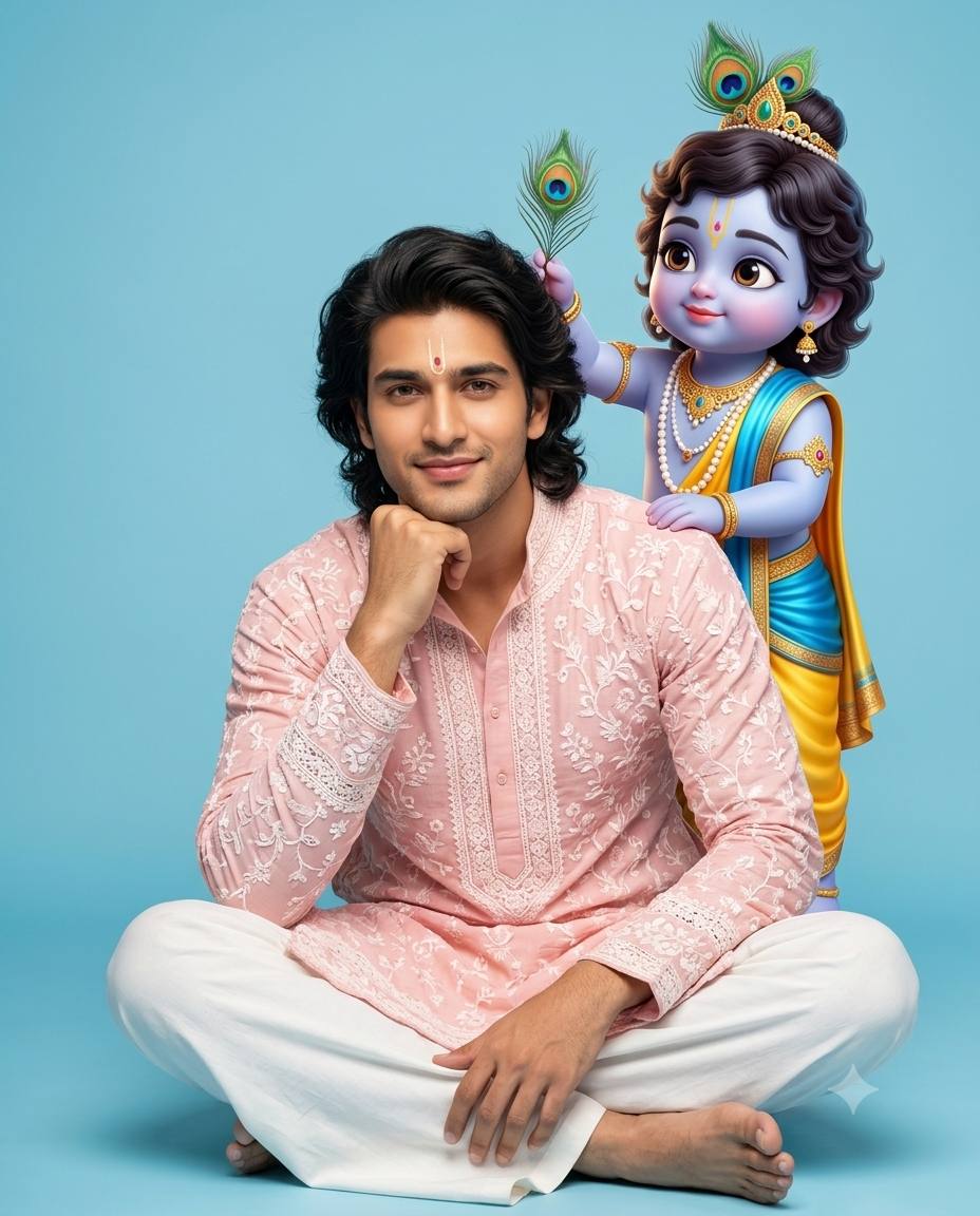 Traditional Indian Man with 3D Baby Lord Krishna - Divine AI Photo prompt