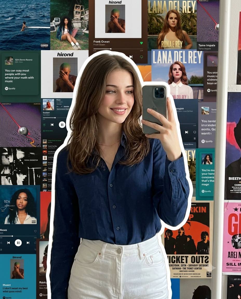 Music mirror selfie AI prompt | Blue shirt and vibrant album collage