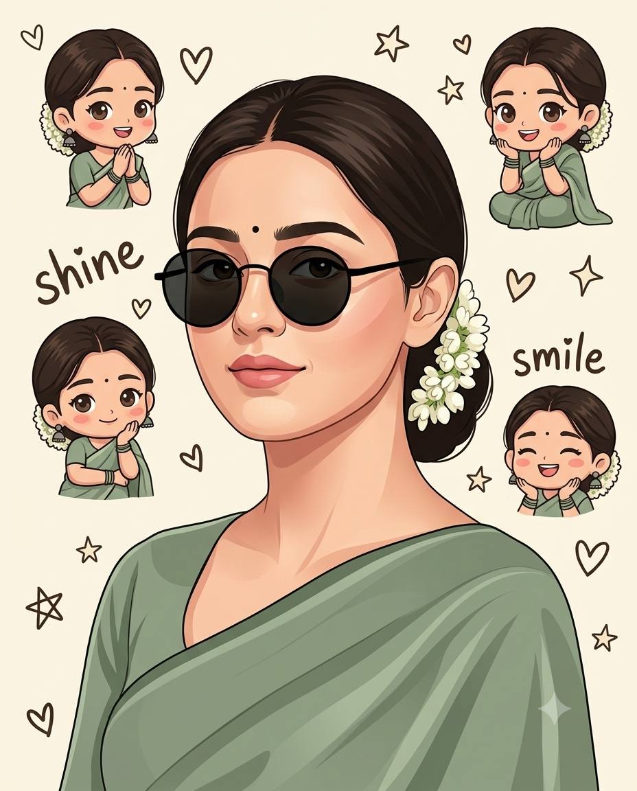 Trendy Sage Green Saree AI Photo Prompt: Aesthetic Indian Portrait with Cute Chibi Stickers