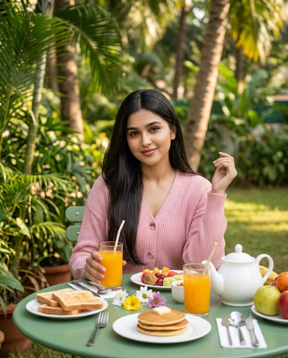 South Asian Woman Brunch Portrait AI Image Prompt | Tropical Garden & Soft Pink Cardigan
