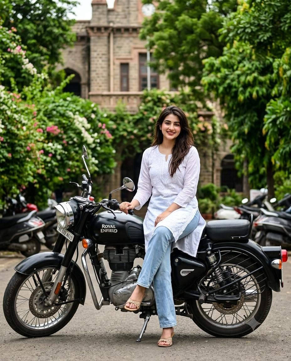 Indian Girl Motorcycle Portrait AI Image Prompt | Royal Enfield & Lush Campus Style