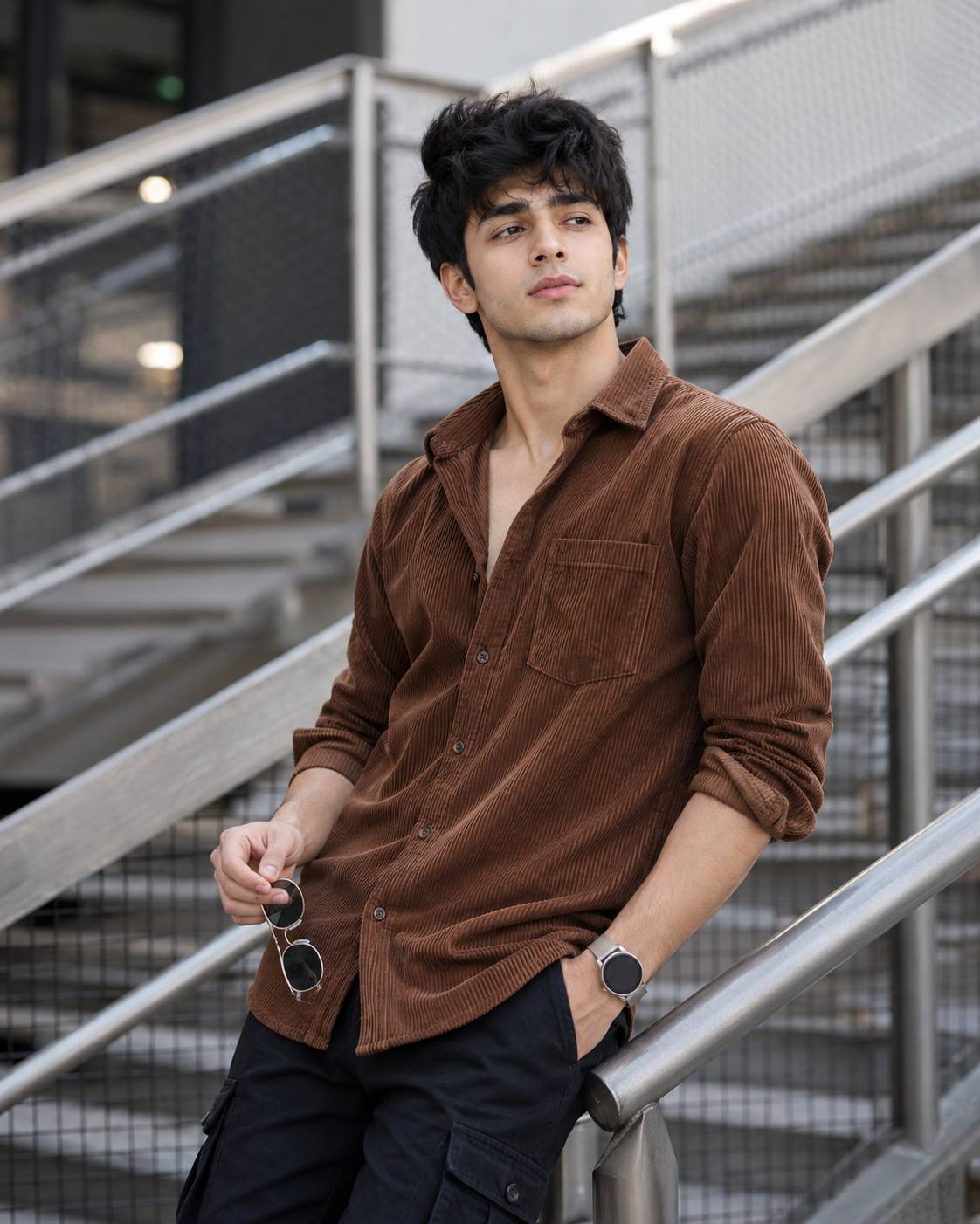 Ultra-Realistic 18-Year-Old Man Portrait in Brown Corduroy Shirt & Black Cargo Pants AI image Prompt