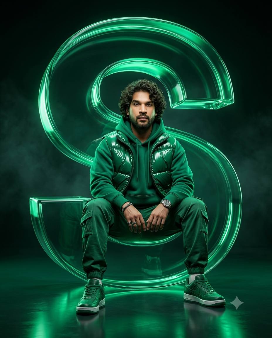 Ultra-Realistic 3D Glass Letter Portrait AI Photo Prompt | Emerald Luxury Fashion