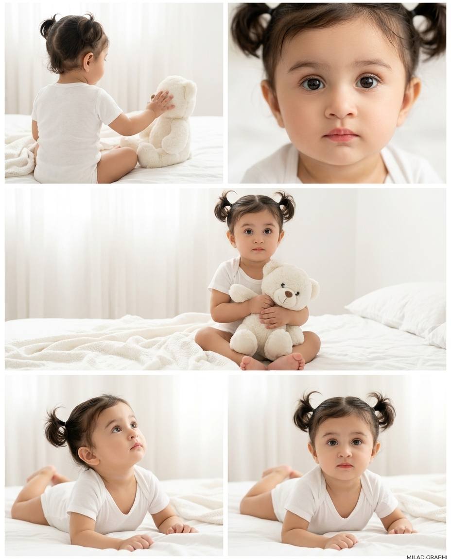 Baby photo collage AI prompt | 5 poses, teddy bear & exact identity