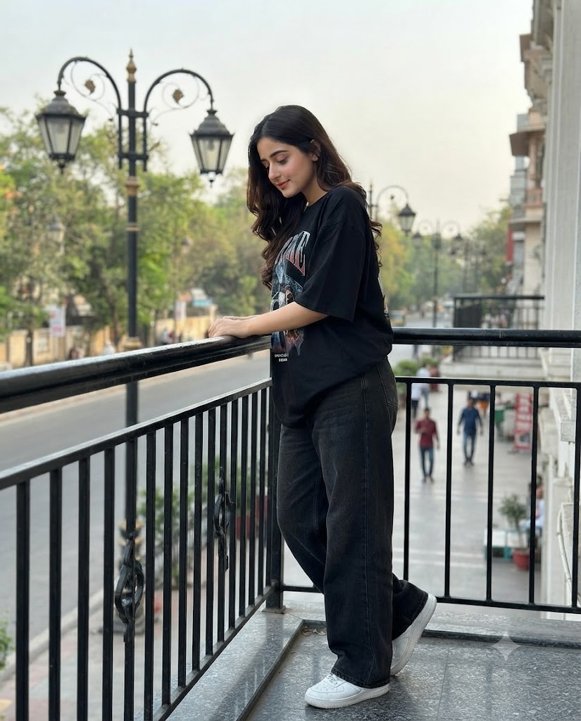 Ultra-Realistic Balcony Street Portrait in Oversized Black T-Shirt and Baggy Jeans AI Image Prompt