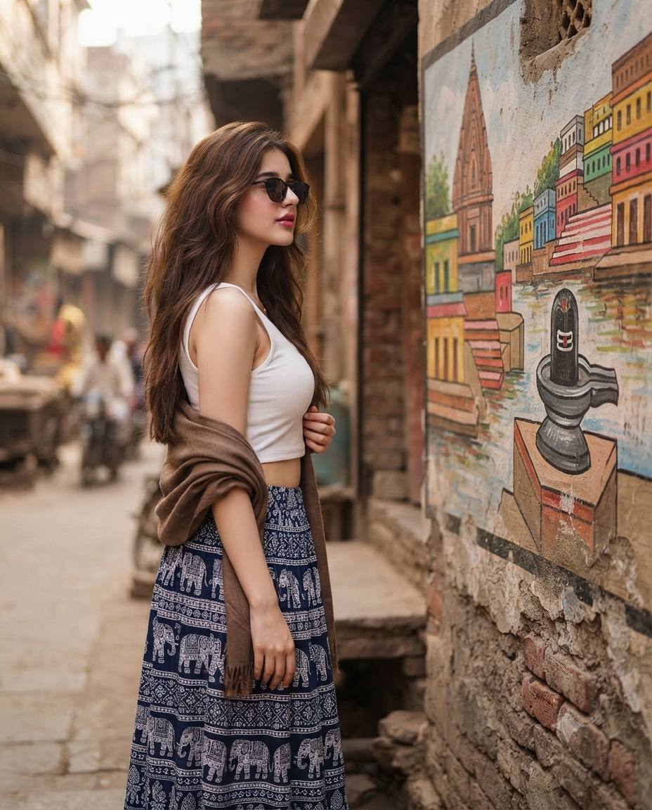 Ultra-Realistic Banaras Ghat Mural Portrait of a Woman in Blue Skirt | 8K Cinematic AI Prompt