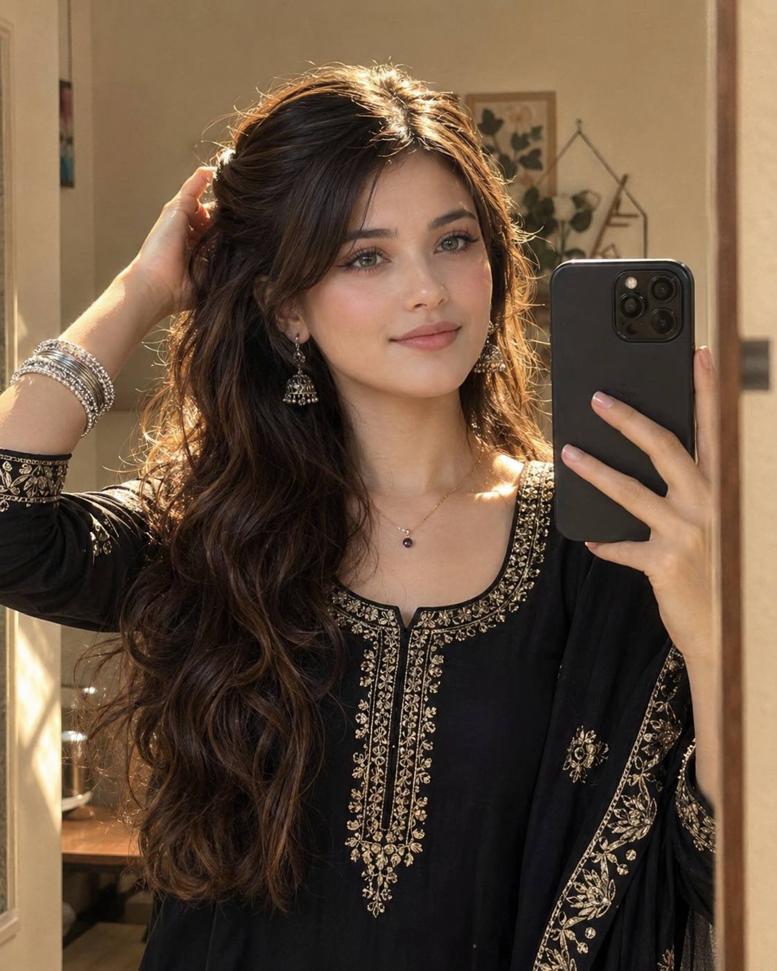 Ultra-Realistic Black Ethnic Kurti Mirror Selfie with Golden-Hour Hair | 8K AI Portrait image prompt