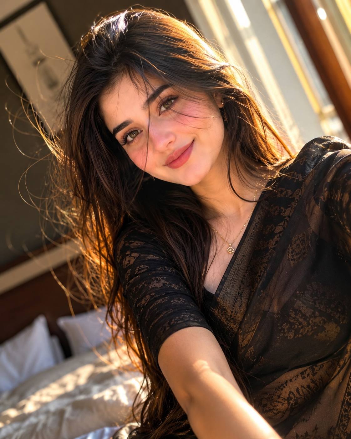 Ultra-Realistic Black Jamdani Saree Portrait with Long Voluminous Hair Ai photo prompt