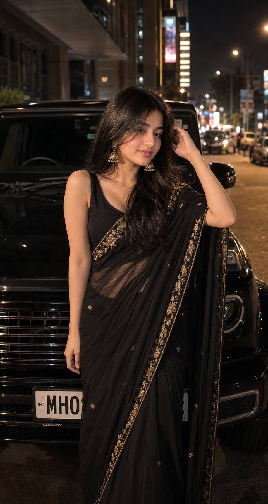 Ultra-Realistic Black Saree Night Portrait with Luxury Fashion Photography AI prompt