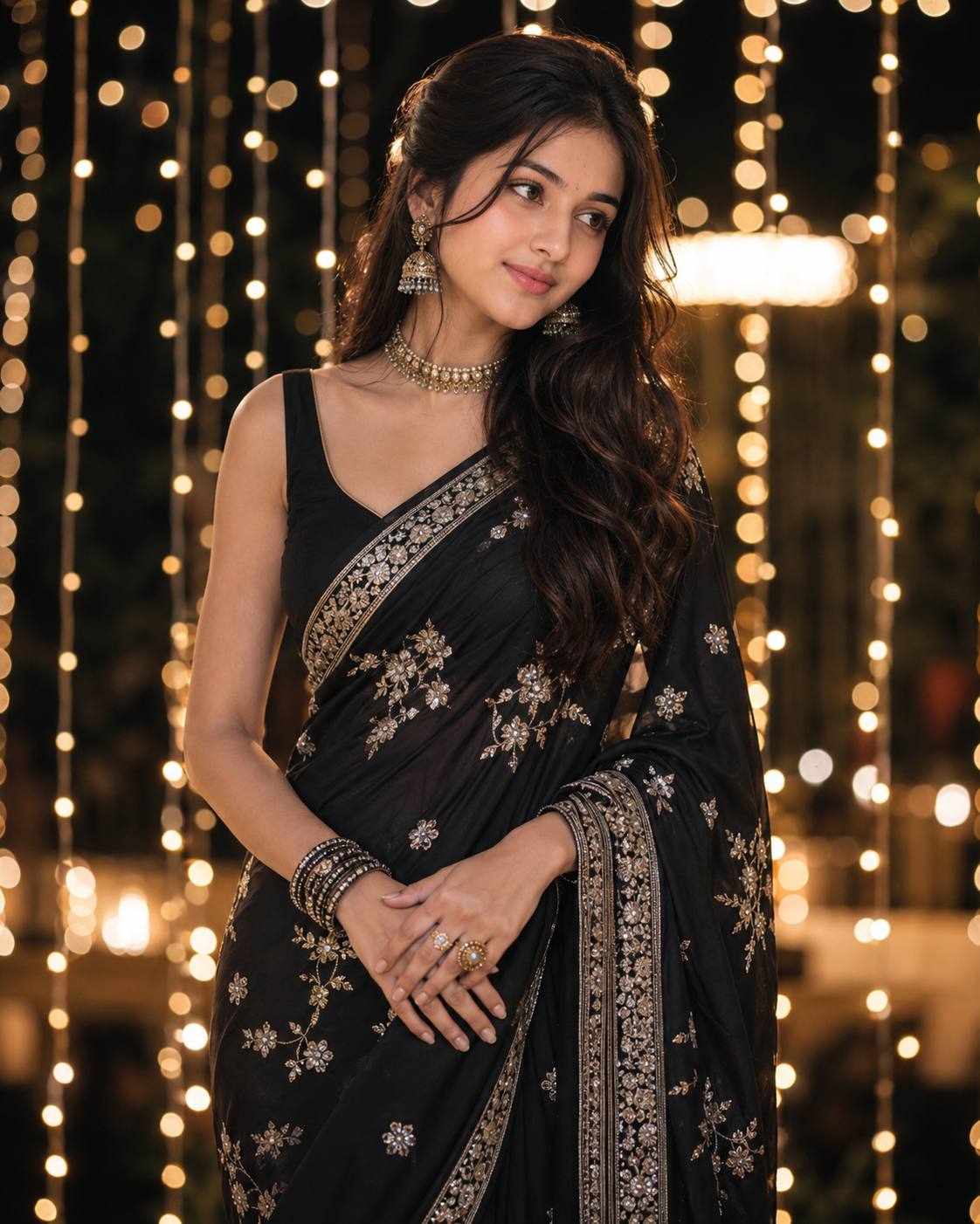 Ultra-Realistic Black Saree Portrait with Golden Fairy Lights | 8K Cinematic AI Image Prompt