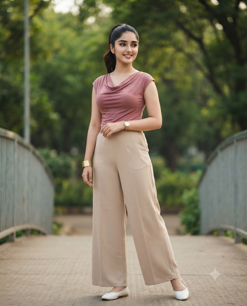 Ultra-Realistic Bridge Fashion Portrait of a Woman in Pink Top and Beige Palazzo Pants