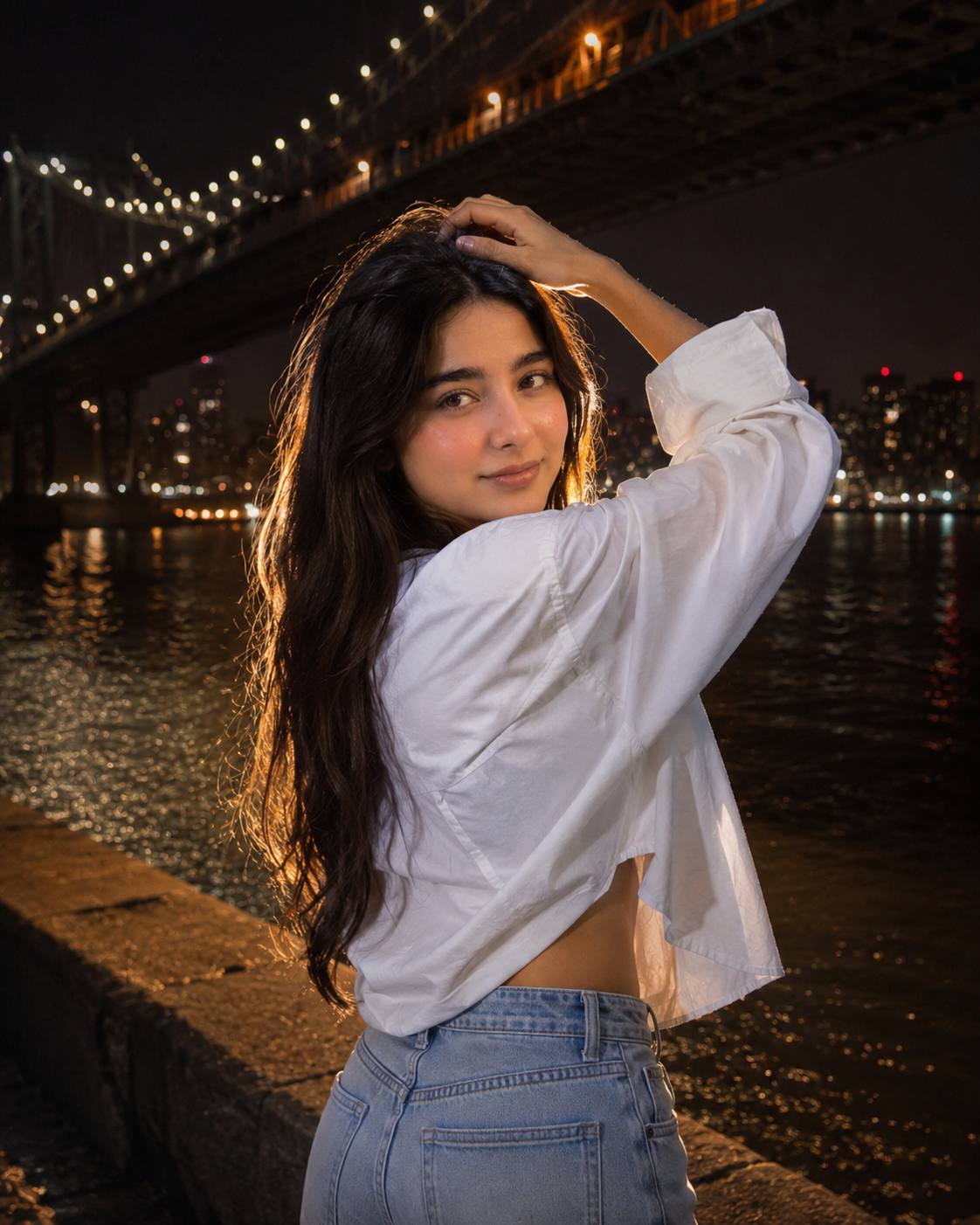 Ultra-Realistic Cinematic Night Portrait of a Woman Under a Suspension Bridge Ai prompt