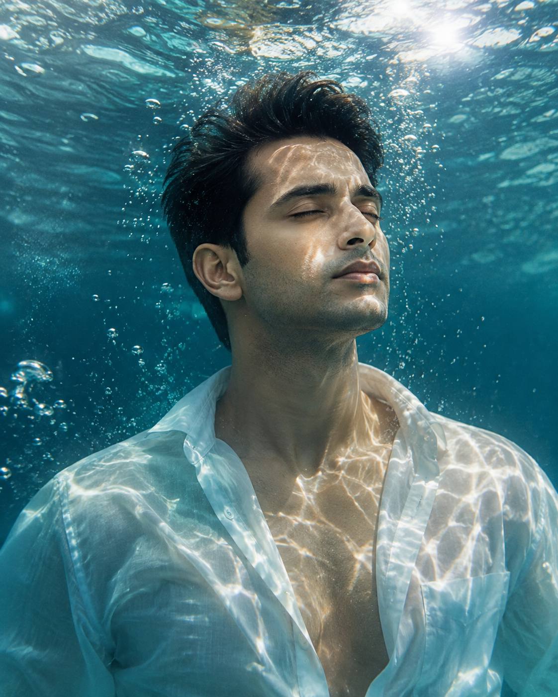 Ultra-Realistic Cinematic Underwater Portrait of a Young Man AI Image Prompt
