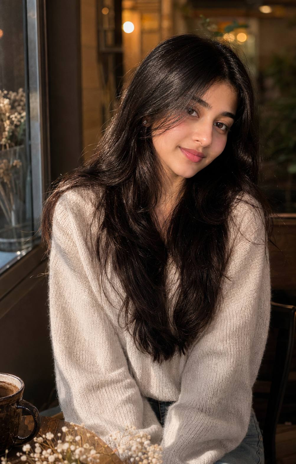 Ultra-Realistic Cozy Café Portrait of a Beautiful Woman | Golden Light AI Photo Prompt
