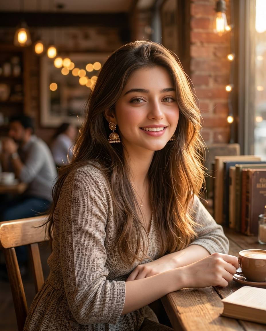 Ultra Realistic Cozy Cafe Portrait - Beautiful Girl AI Generated Photo Prompt