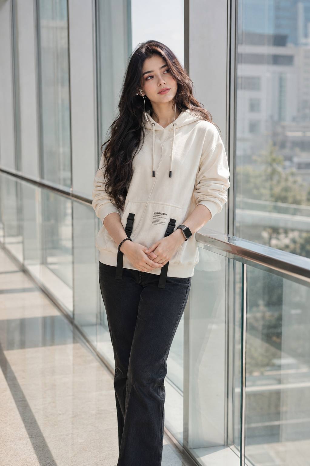 Ultra-Realistic Cream Hoodie Portrait in Modern Glass Building | AI Photo Prompt