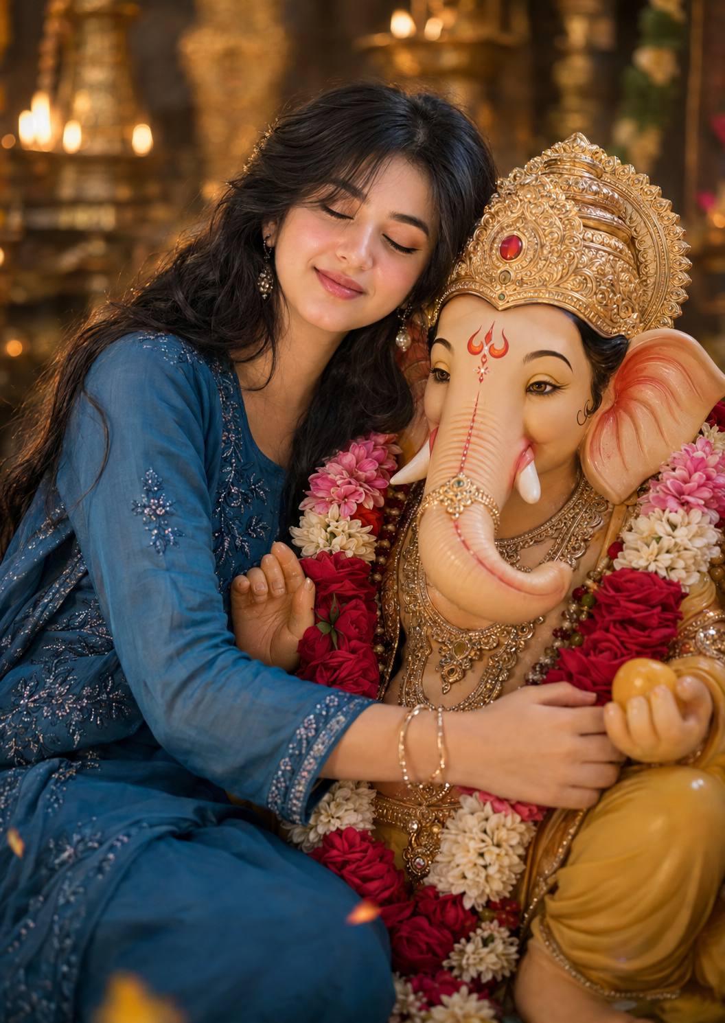 Ultra-Realistic Devotional Portrait of Indian Woman Embracing Lord Ganesha AI Image Prompt