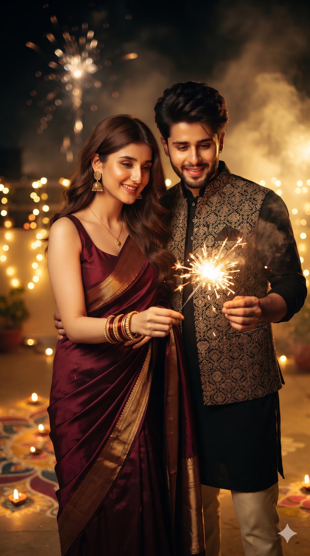 Diwali Couple Portrait AI Image Prompt Gemini | Burgundy Saree & Black Embroidered Kurta