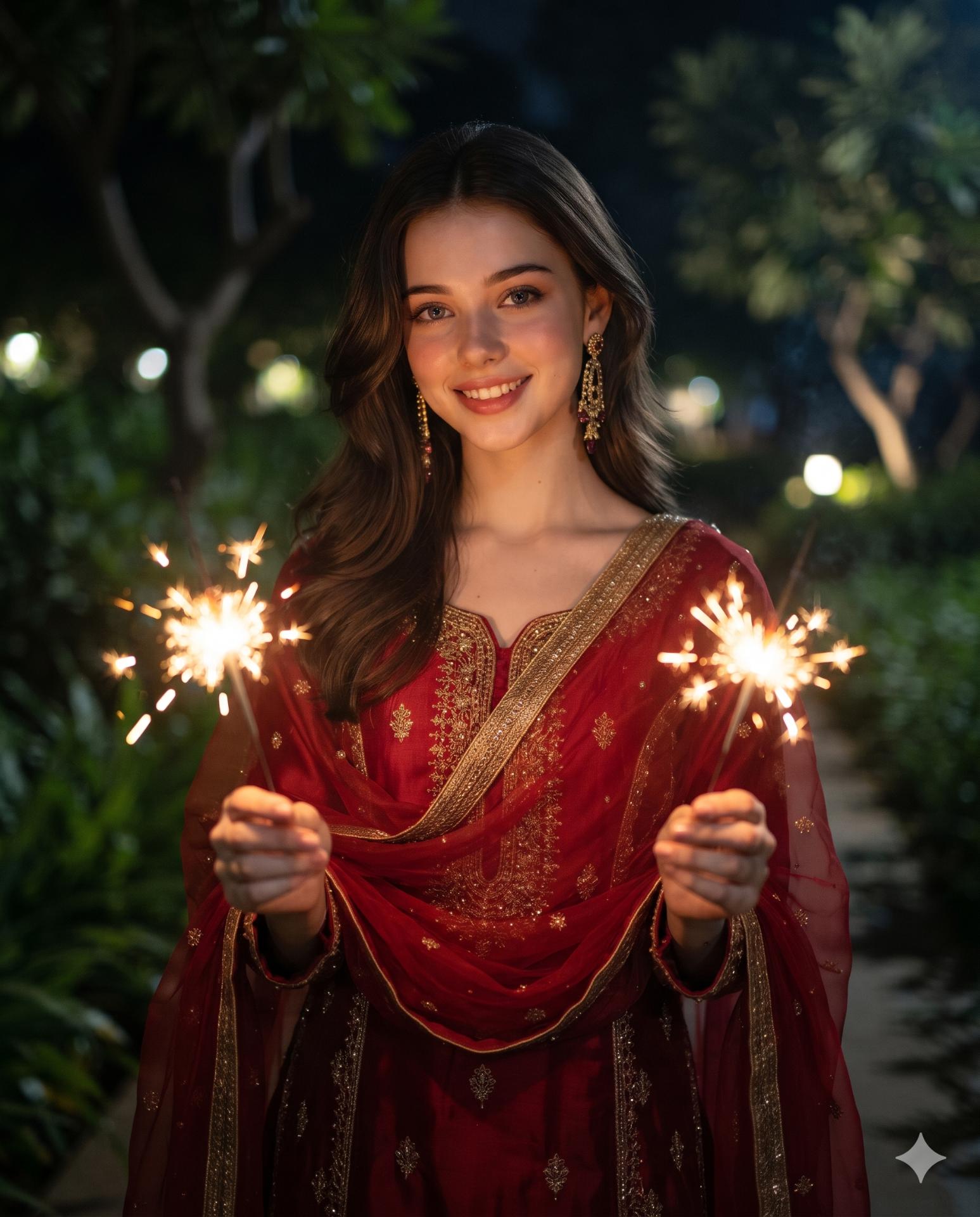 Diwali Portrait AI Image Prompt Gemini | Deep Red Embroidered Suit & Glowing Sparklers